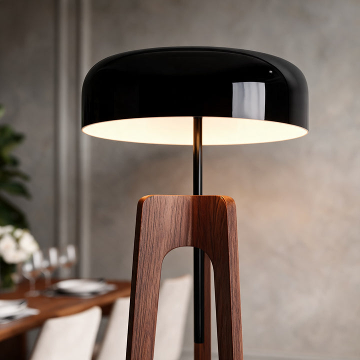 Contemporary Floor Lamp and Table Lamp with Walnut Wood Base and Black Metal Shade for LED Bulbs