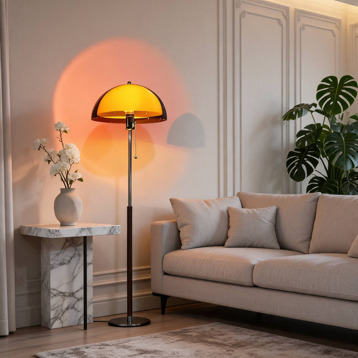 Modern Floor Lamp with Chrome Pole and Wooden Base for Living Room Dimmable Lighting