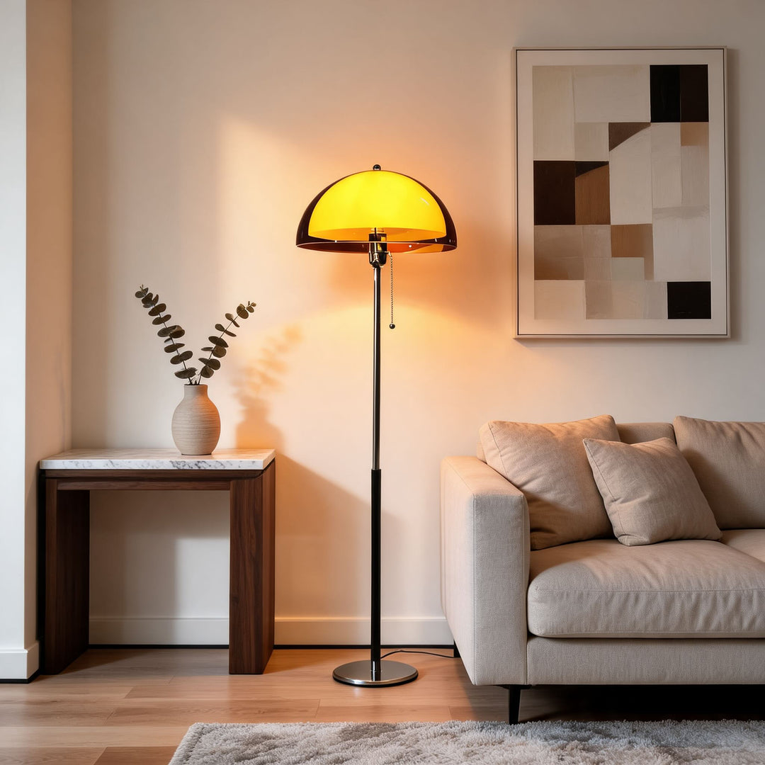 Modern Floor Lamp with Chrome Pole and Wooden Base for Living Room Dimmable Lighting