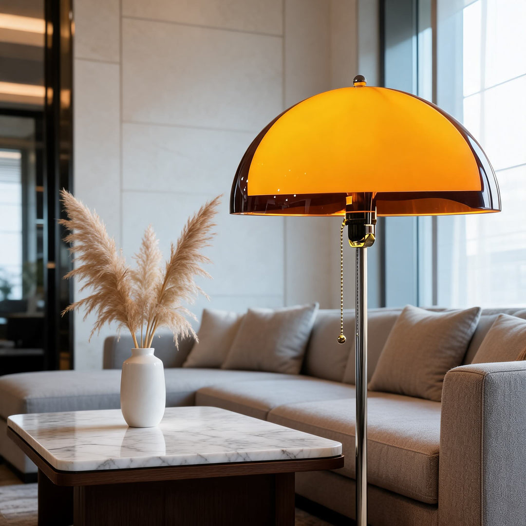 Modern Floor Lamp with Chrome Pole and Wooden Base for Living Room Dimmable Lighting