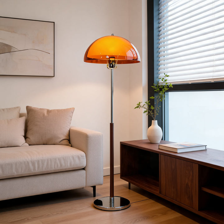 Modern Floor Lamp with Chrome Pole and Wooden Base for Living Room Dimmable Lighting