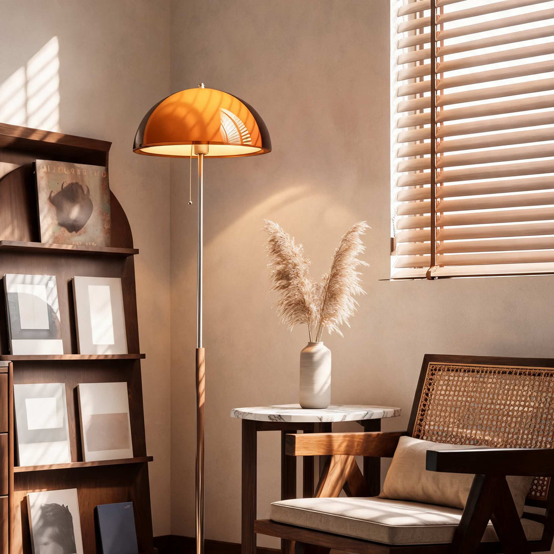 Modern Floor Lamp with Chrome Pole and Wooden Base for Living Room Dimmable Lighting