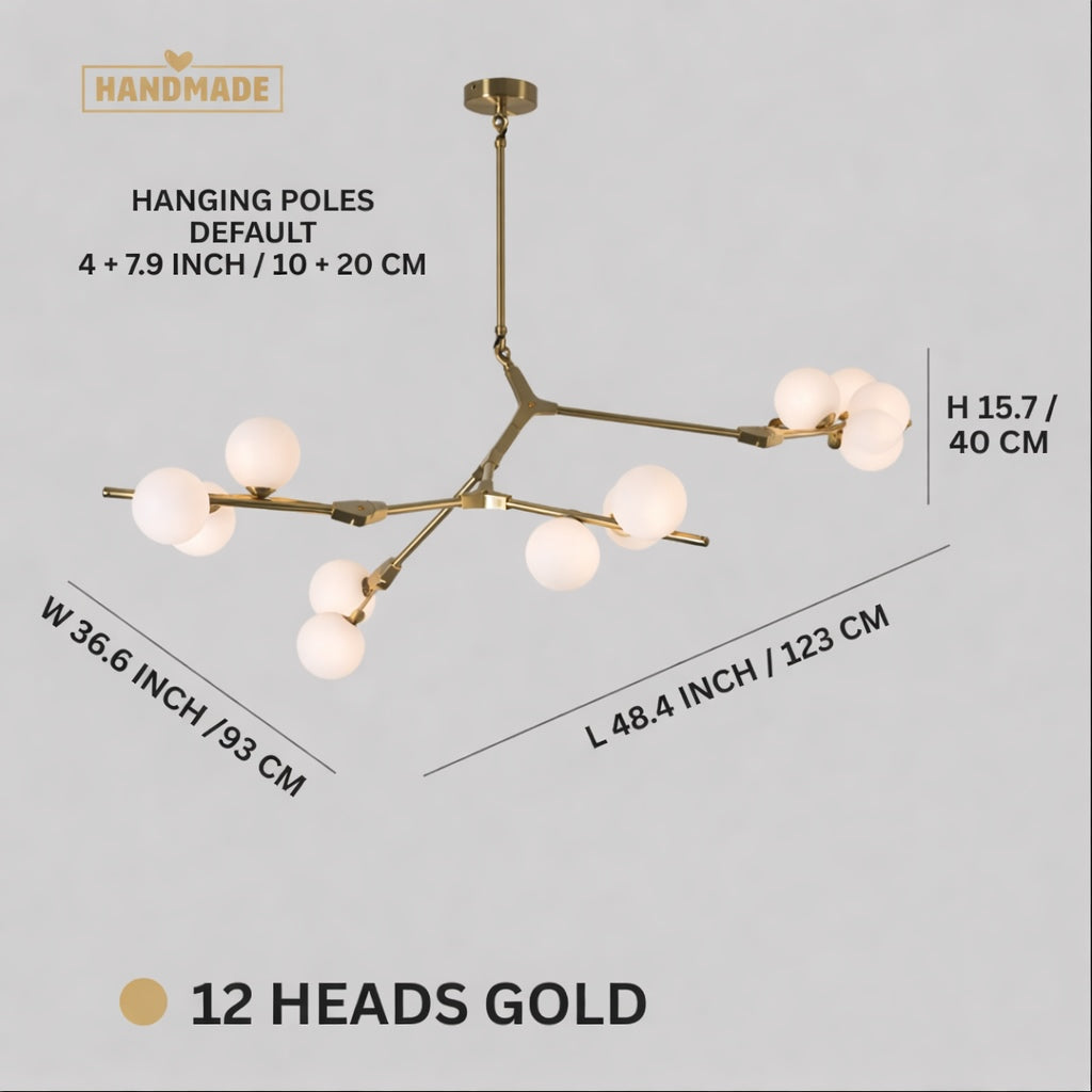 Modern Branch Arm Chandelier Light Hanging Metal Copper Frosted Glass 12/18/24 Bulb Options