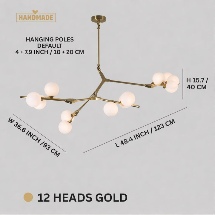 Modern Branch Arm Chandelier Light Hanging Metal Copper Frosted Glass 12/18/24 Bulb Options