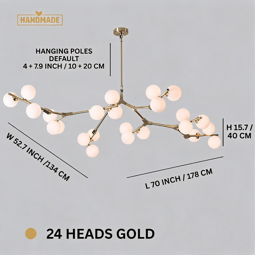 Modern Branch Arm Chandelier Light Hanging Metal Copper Frosted Glass 12/18/24 Bulb Options