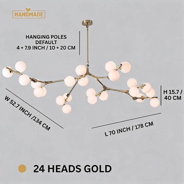 Modern Branch Arm Chandelier Light Hanging Metal Copper Frosted Glass 12/18/24 Bulb Options