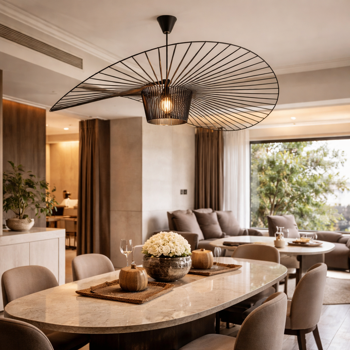 Modern Black Pendant Light Adjustable Hanging Shade Fiberglass Dimmable