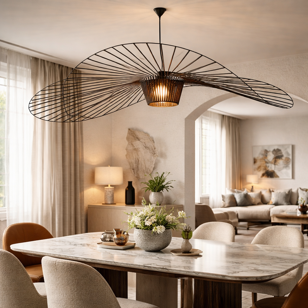Modern Black Pendant Light Adjustable Hanging Shade Fiberglass Dimmable