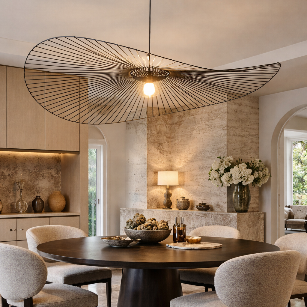 Modern Black Pendant Light Adjustable Hanging Shade Fiberglass Dimmable