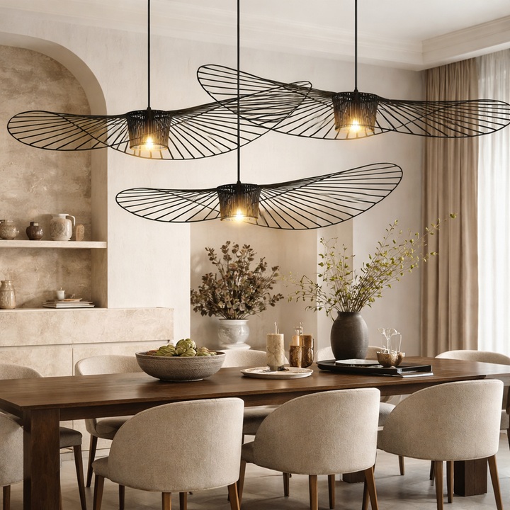 Modern Black Pendant Light Adjustable Hanging Shade Fiberglass Dimmable
