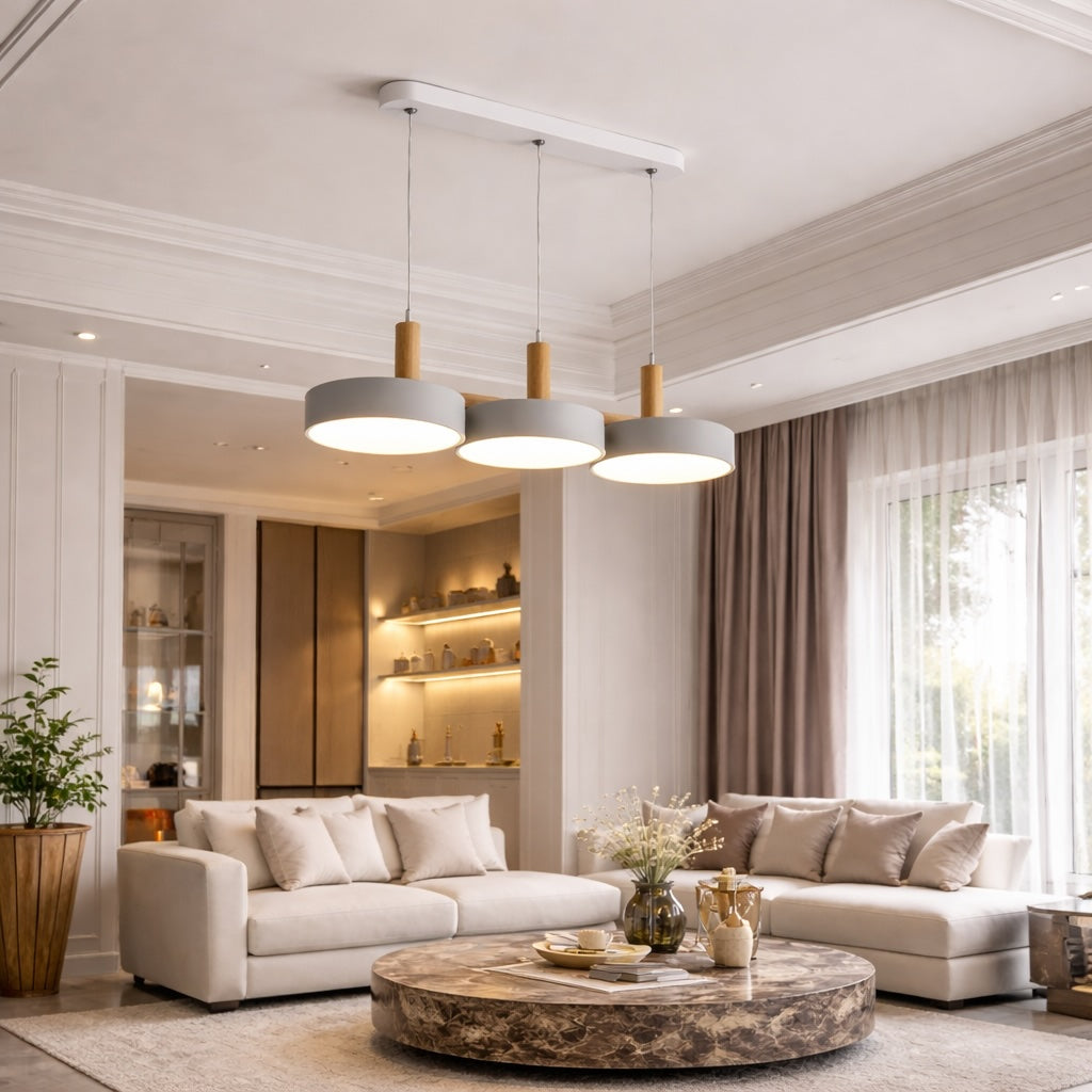 Nordic Modern Pendant Light Fixture Adjustable Hanging LED 3-4 Heads Wooden Design for Kitchen Island