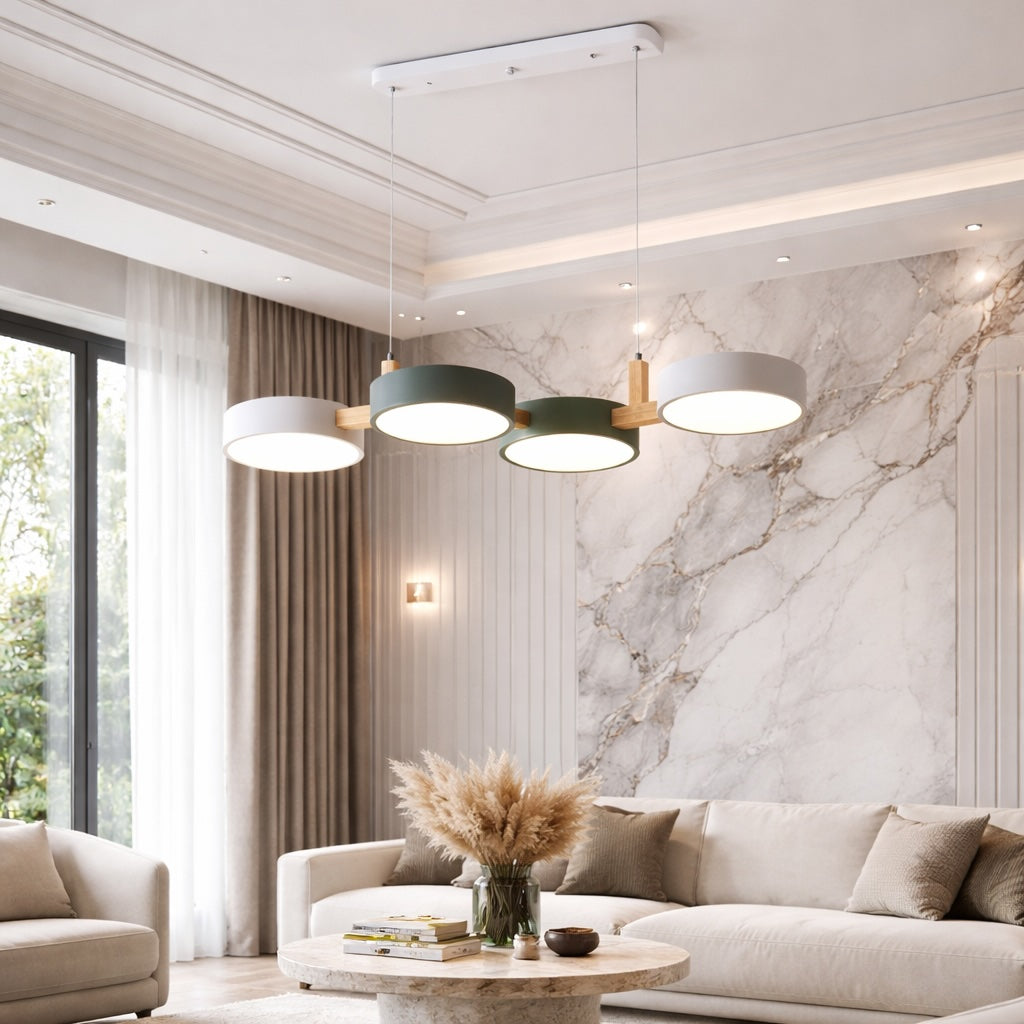 Nordic Modern Pendant Light Fixture Adjustable Hanging LED 3-4 Heads Wooden Design for Kitchen Island