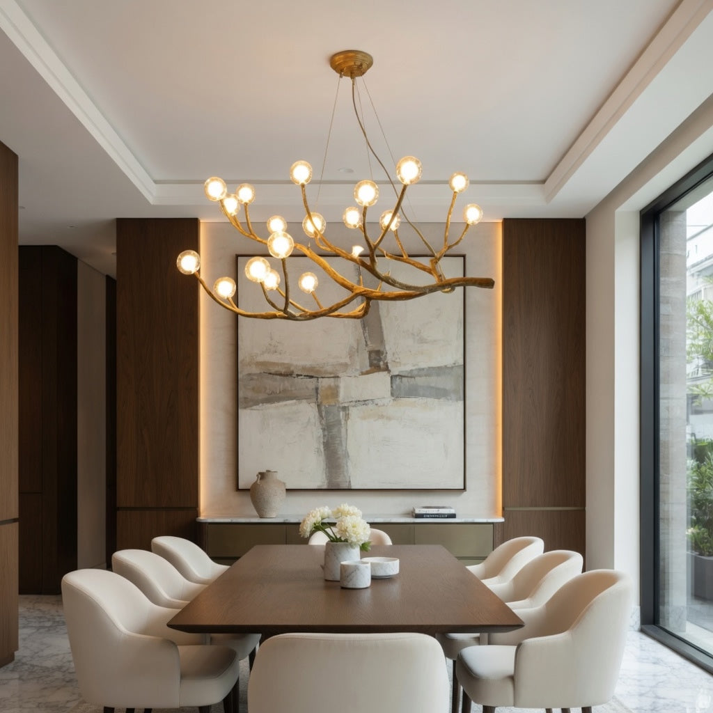 Modern Rustic Chandelier Light Hanging Fixture Wood Resin Adjustable LED Bulbs