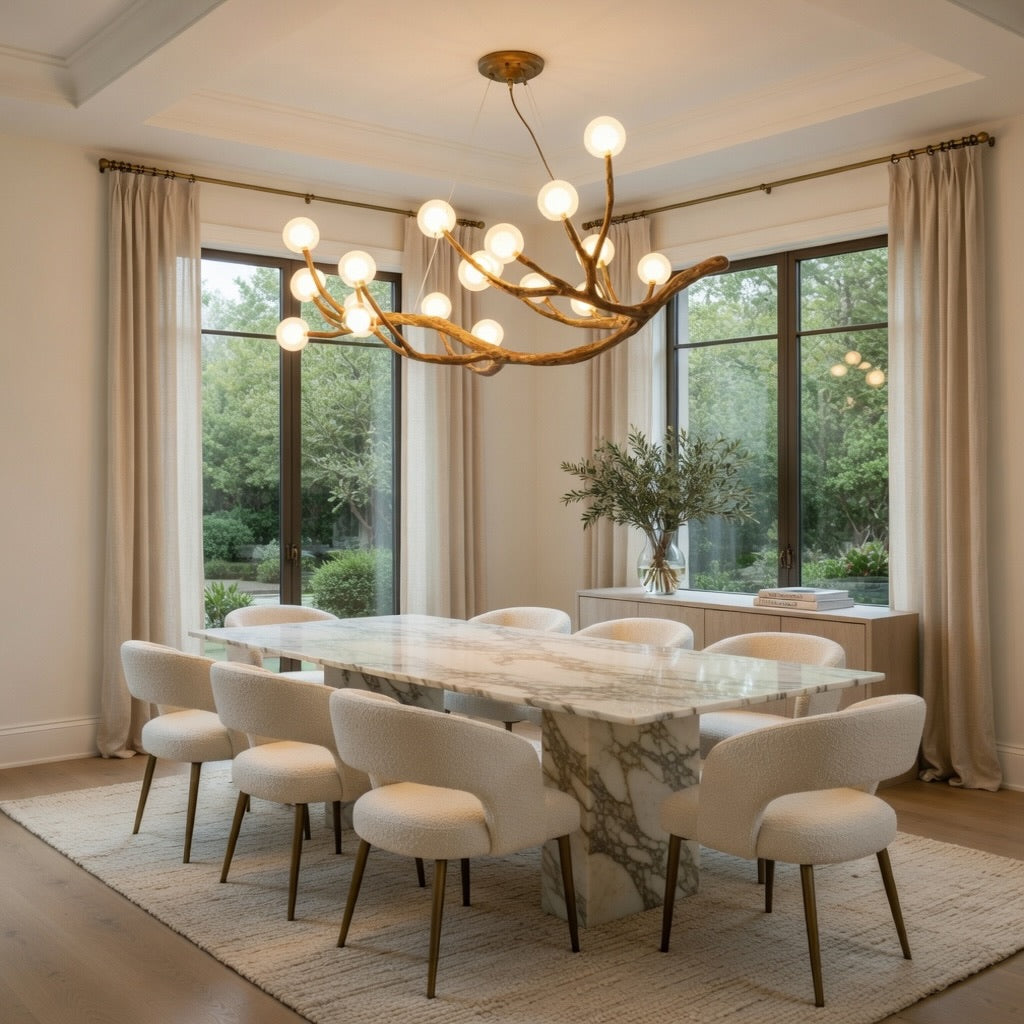 Modern Rustic Chandelier Light Hanging Fixture Wood Resin Adjustable LED Bulbs
