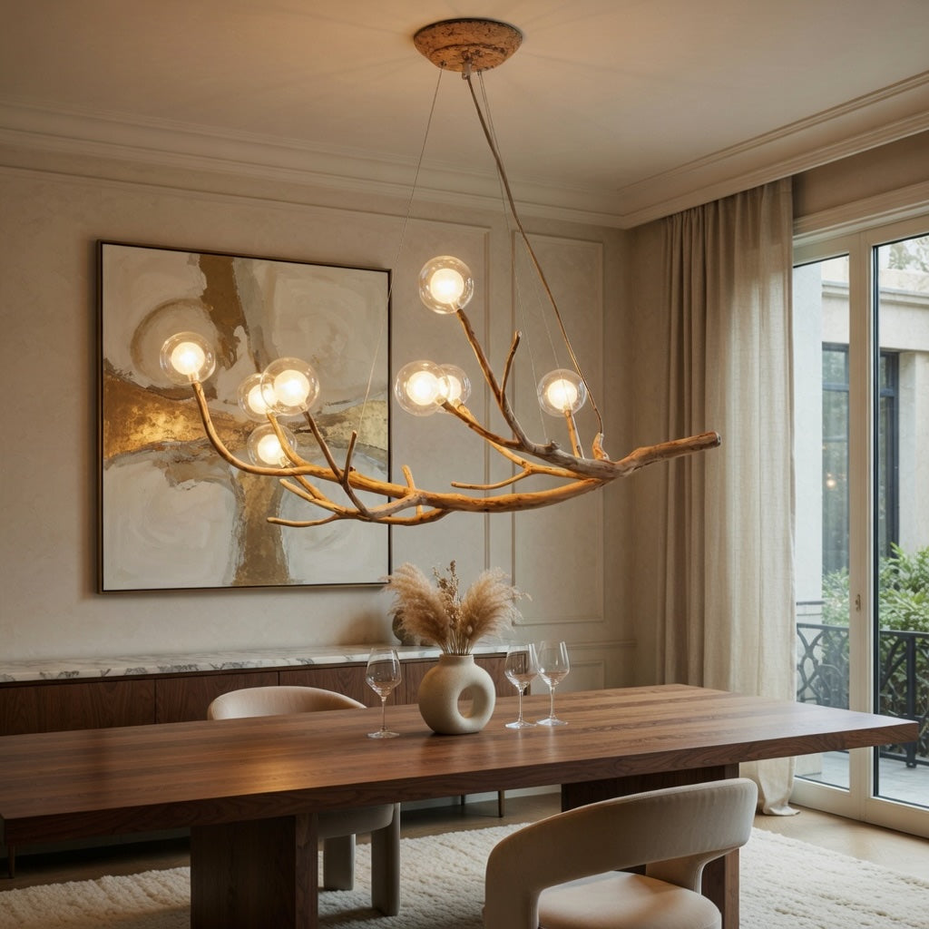 Modern Rustic Chandelier Light Hanging Fixture Wood Resin Adjustable LED Bulbs