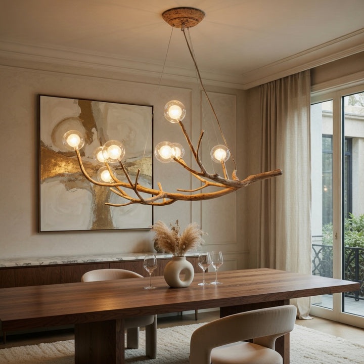 Modern Rustic Chandelier Light Hanging Fixture Wood Resin Adjustable LED Bulbs