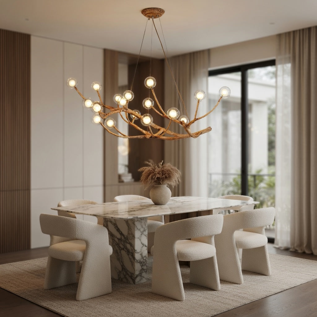 Modern Rustic Chandelier Light Hanging Fixture Wood Resin Adjustable LED Bulbs