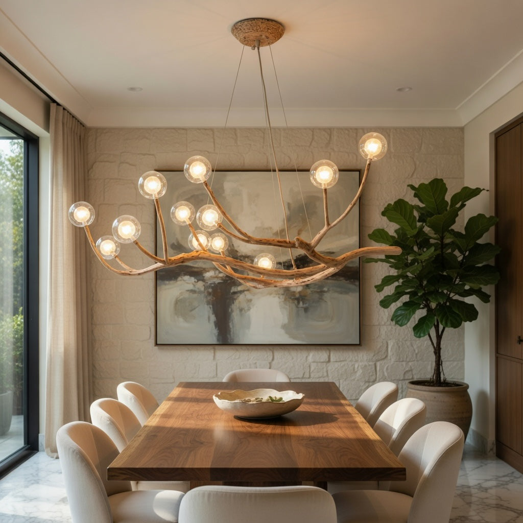 Modern Rustic Chandelier Light Hanging Fixture Wood Resin Adjustable LED Bulbs