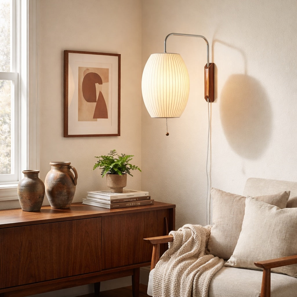 Modern Wall Light Sconce Adjustable Plug-in Polymer Shade Chrome and Walnut Finish