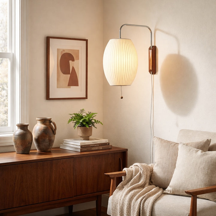 Modern Wall Light Sconce Adjustable Plug-in Polymer Shade Chrome and Walnut Finish