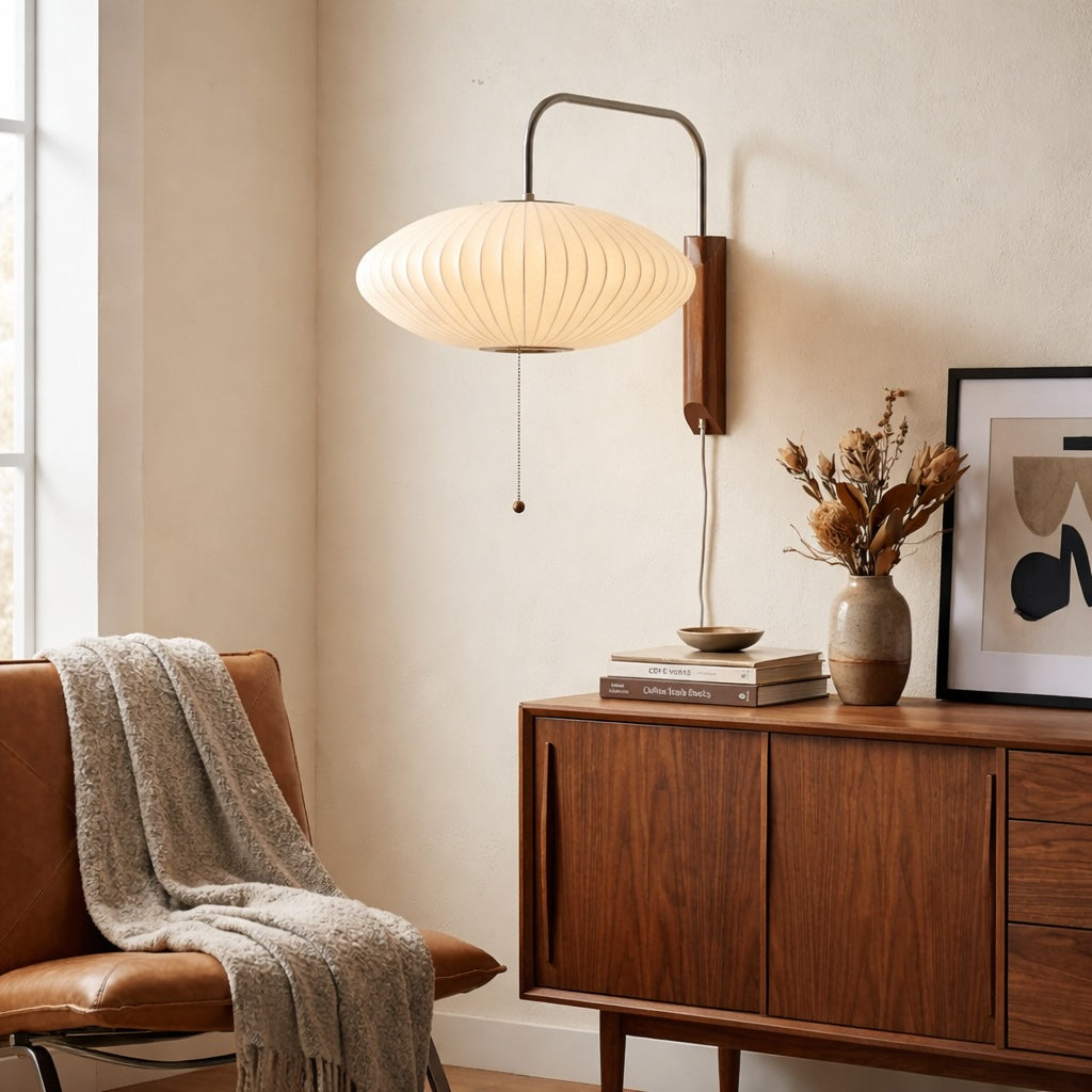 Modern Wall Light Sconce Adjustable Plug-in Polymer Shade Chrome and Walnut Finish