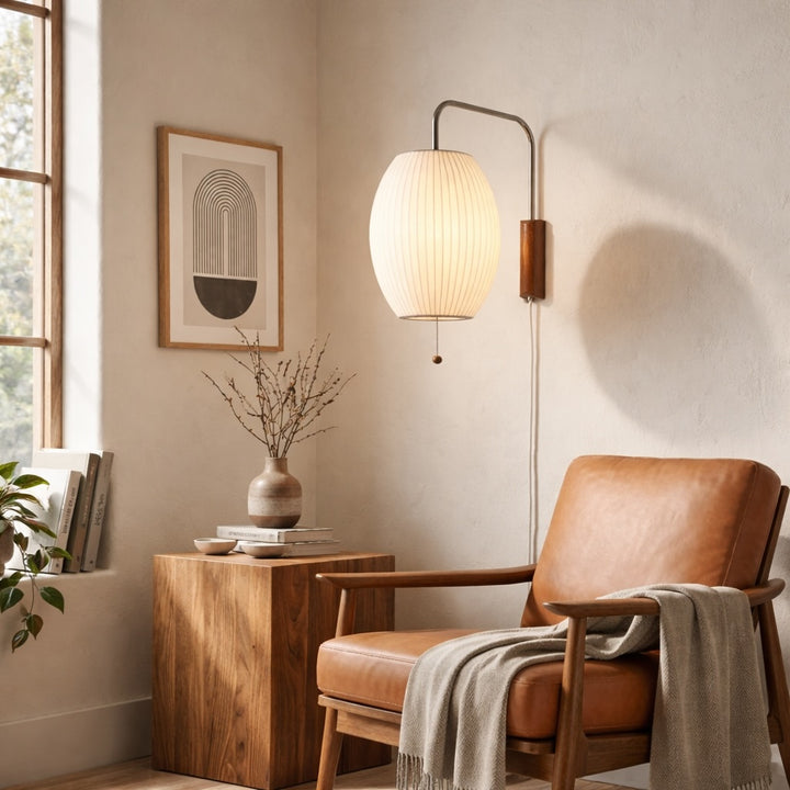 Modern Wall Light Sconce Adjustable Plug-in Polymer Shade Chrome and Walnut Finish