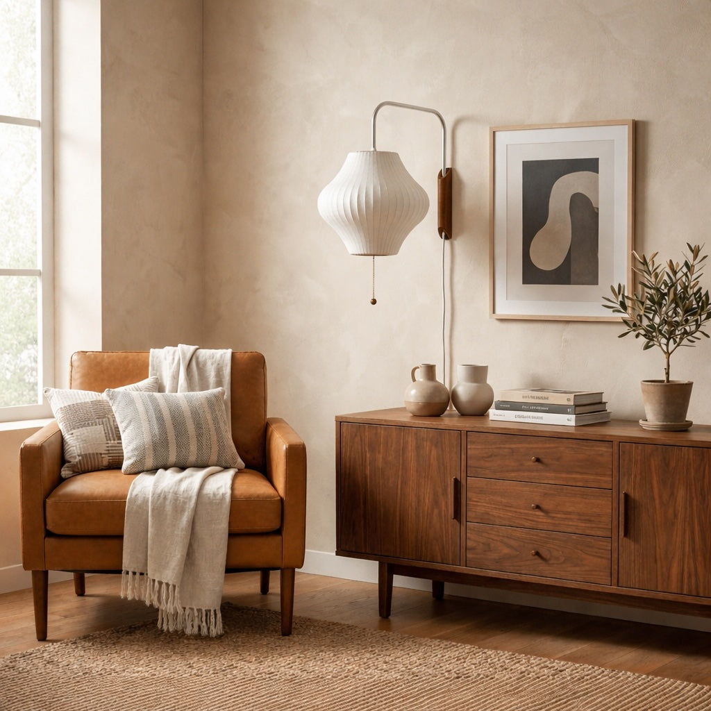 Modern Wall Light Sconce Adjustable Plug-in Polymer Shade Chrome and Walnut Finish