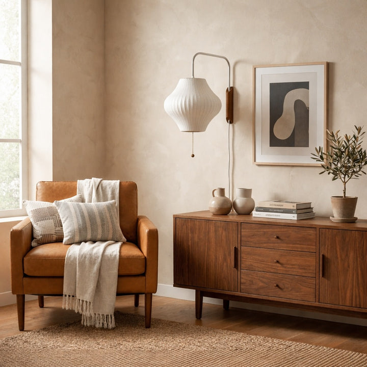 Modern Wall Light Sconce Adjustable Plug-in Polymer Shade Chrome and Walnut Finish