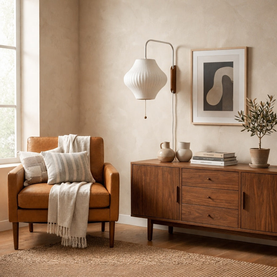 Modern Wall Light Sconce Adjustable Plug-in Polymer Shade Chrome and Walnut Finish in the lounge