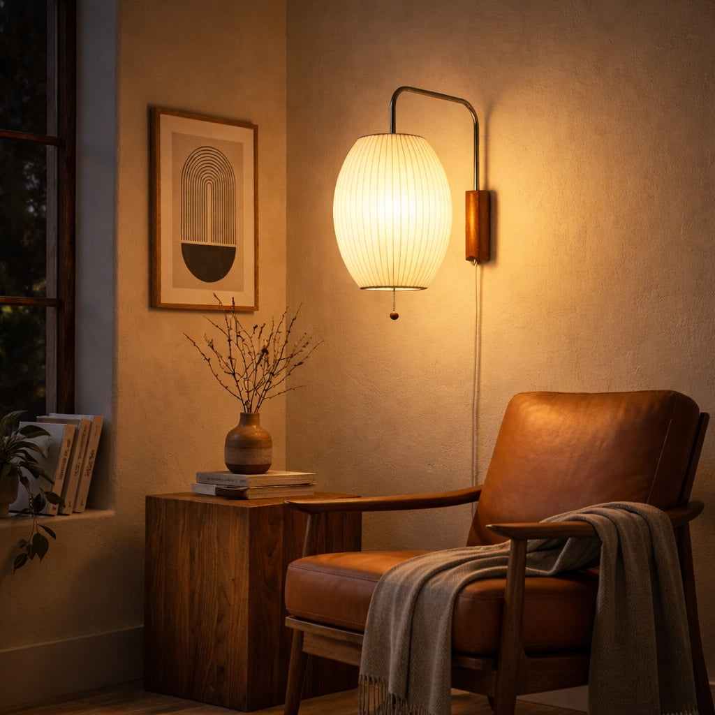 Modern Wall Light Sconce Adjustable Plug-in Polymer Shade Chrome and Walnut Finish
