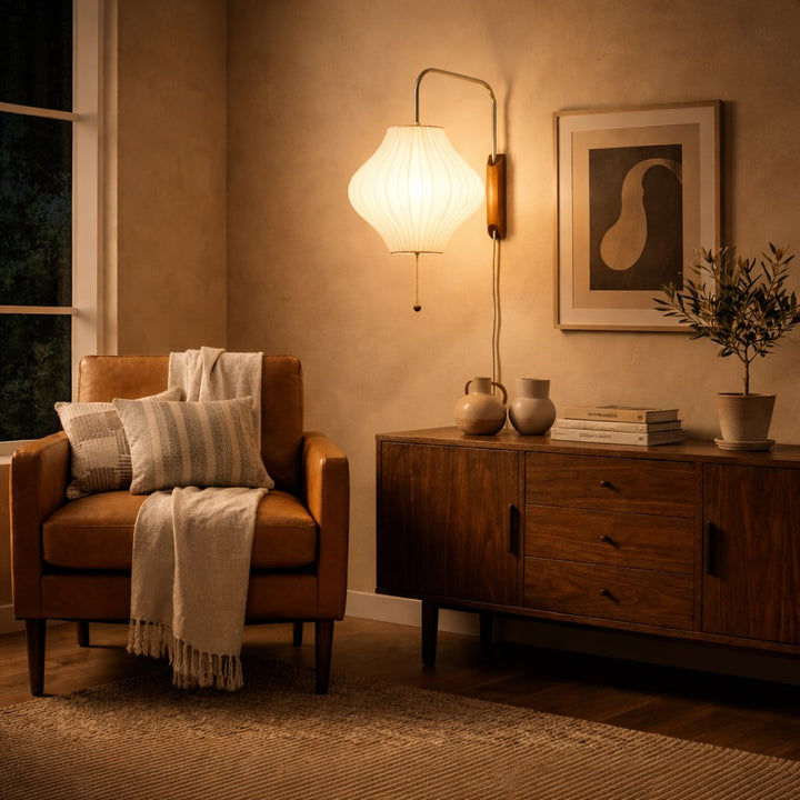 Modern Wall Light Sconce Adjustable Plug-in Polymer Shade Chrome and Walnut Finish