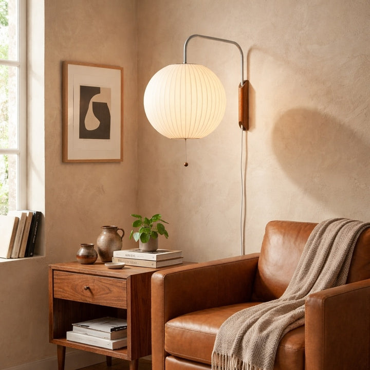 Modern Wall Light Sconce Adjustable Plug-in Polymer Shade Chrome and Walnut Finish
