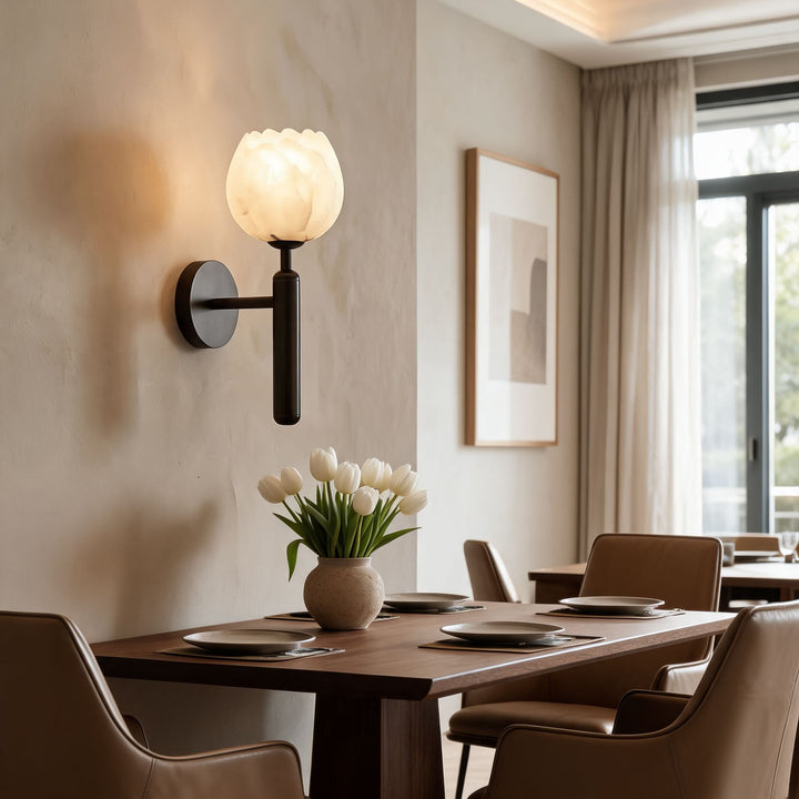 Modern Wall Light Wall Mounted Sconce with Brass Base and Natural Alabaster Shade LED Compatible