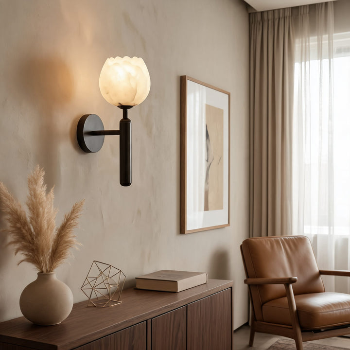 Modern Wall Light Wall Mounted Sconce with Brass Base and Natural Alabaster Shade LED Compatible