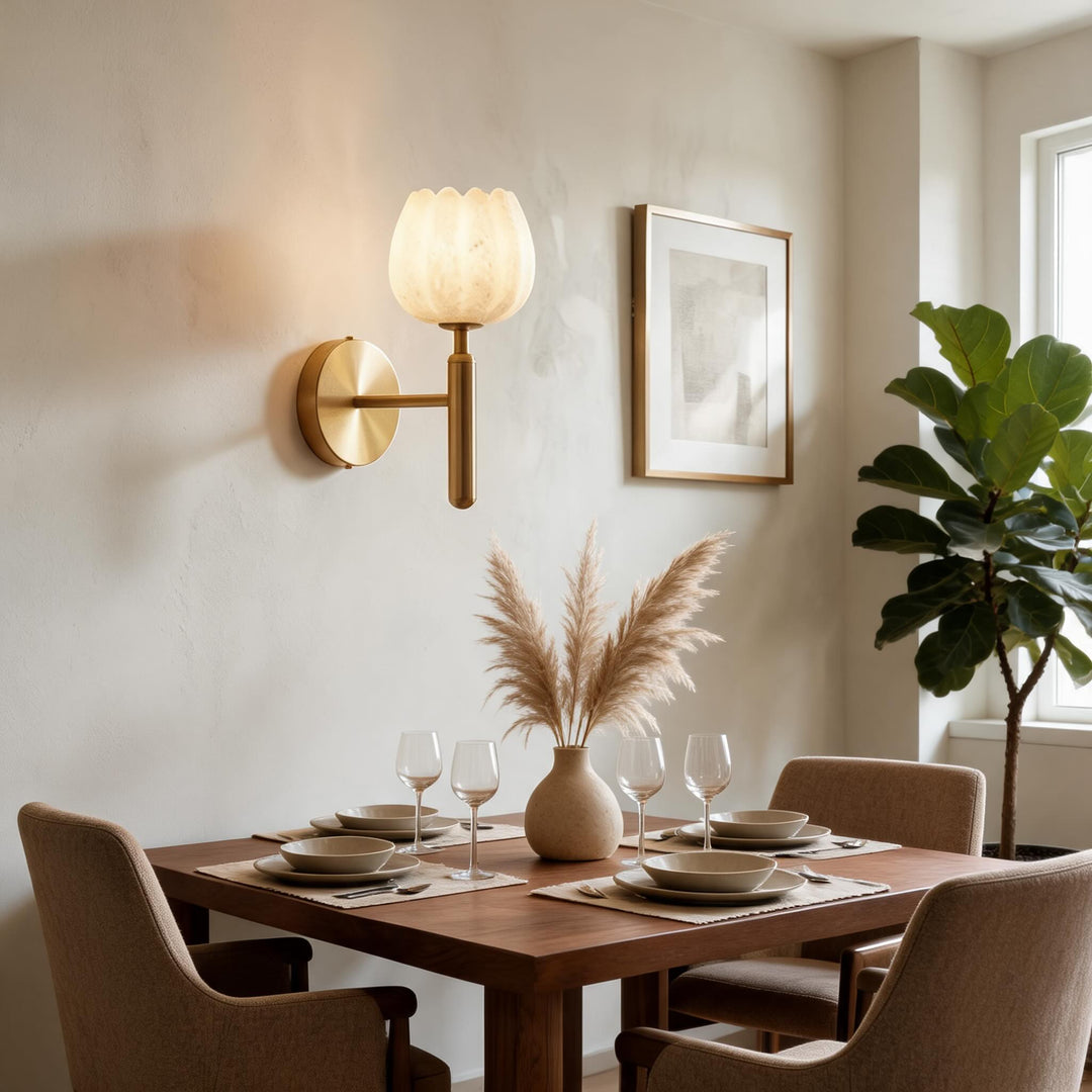 Modern Wall Light Wall Mounted Sconce with Brass Base and Natural Alabaster Shade LED Compatible