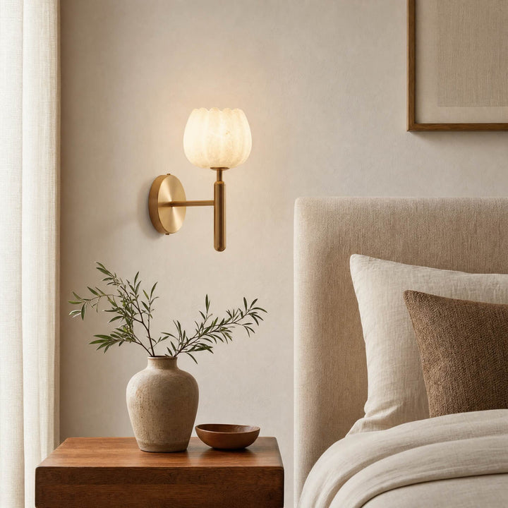 Modern Wall Light Wall Mounted Sconce with Brass Base and Natural Alabaster Shade LED Compatible