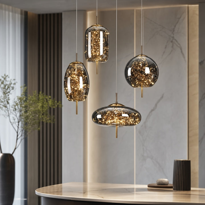 Modern Geometric Pendant Light Adjustable Hanging Smoky Glass LED Fixture