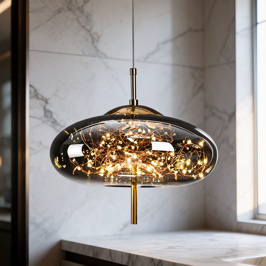 Modern Geometric Pendant Light Adjustable Hanging Smoky Glass LED Fixture