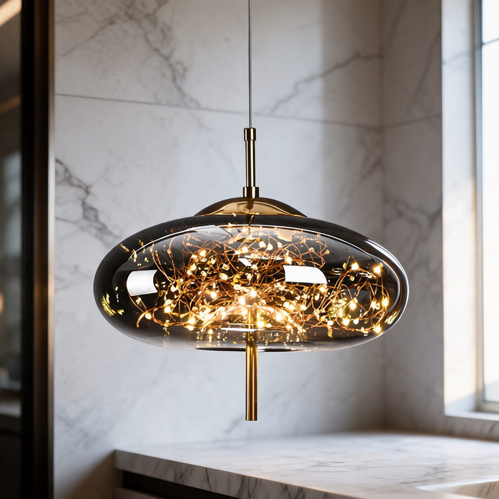Modern Geometric Pendant Light Adjustable Hanging Smoky Glass LED Fixture