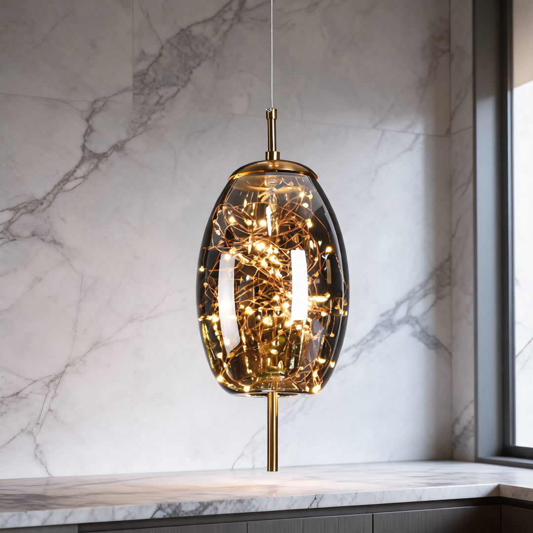 Modern Geometric Pendant Light Adjustable Hanging Smoky Glass LED Fixture