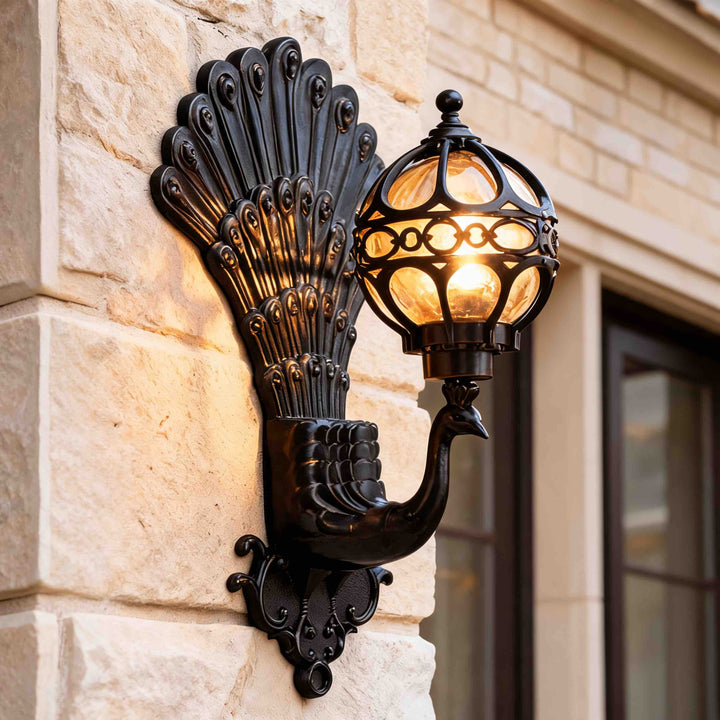 Vintage Peacock Wall Light Die-Cast Aluminum Outdoor Fixture E26 Compatible IP55 Rated