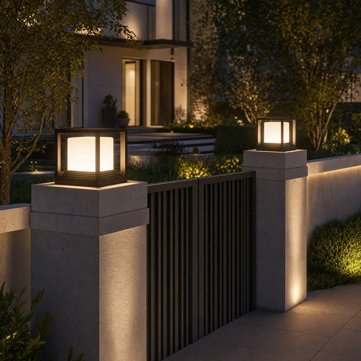 Solar Garden Lights Modern Aluminum Pedestal Fixture Waterproof LED Dual Power Outdoor