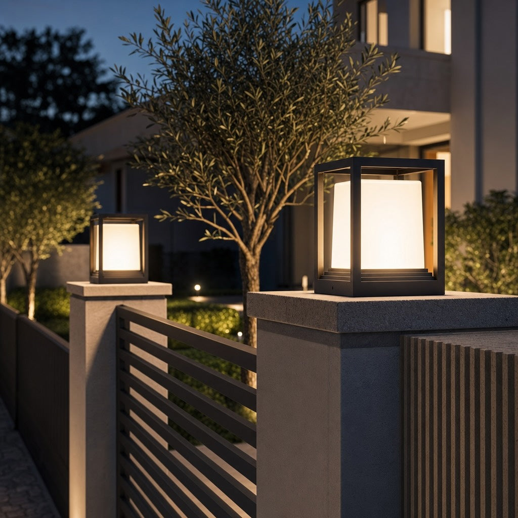 Solar Garden Lights Modern Aluminum Pedestal Fixture Waterproof LED Dual Power Outdoor
