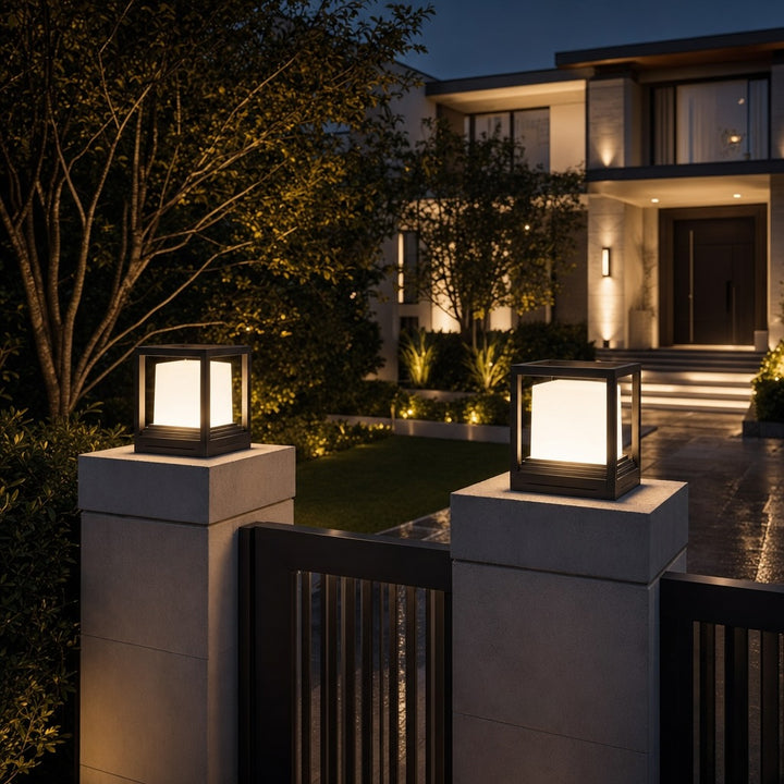 Solar Garden Lights Modern Aluminum Pedestal Fixture Waterproof LED Dual Power Outdoor