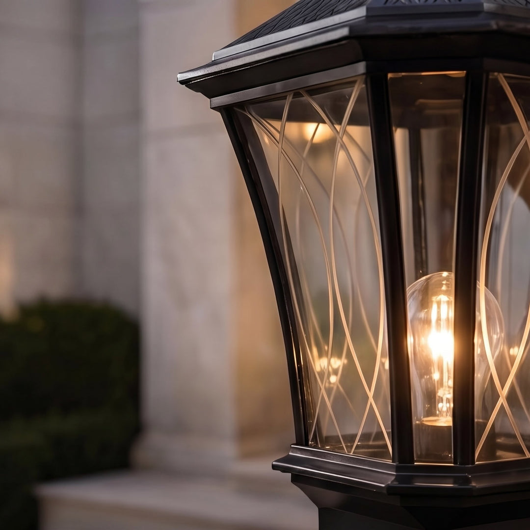 Solar Outdoor Post Light Modern Octagonal Glass Shade Aluminum LED 5W IP65 Waterproof