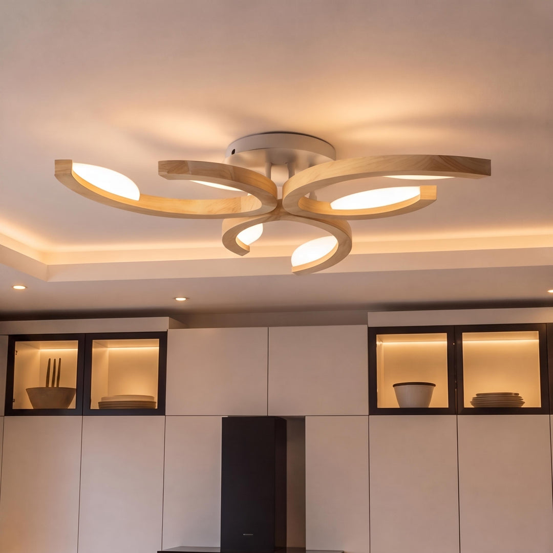 Modern Leaf Flush Mount Ceiling Light Natural Oak Wood Acrylic LED Dimmable 3-5 Light Options