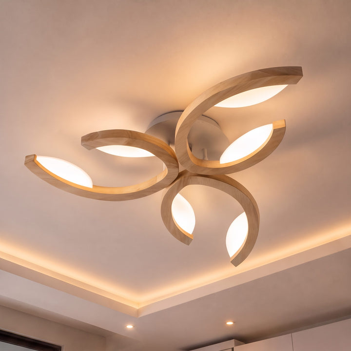 Modern Leaf Flush Mount Ceiling Light Natural Oak Wood Acrylic LED Dimmable 3-5 Light Options