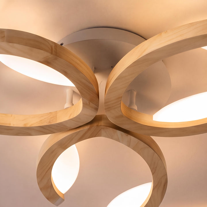 Modern Leaf Flush Mount Ceiling Light Natural Oak Wood Acrylic LED Dimmable 3-5 Light Options