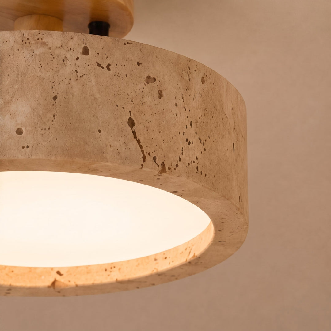 Modern Round Flush Mount Ceiling Light Yellow Travertine LED Dimmable 20cm for Compact Spaces