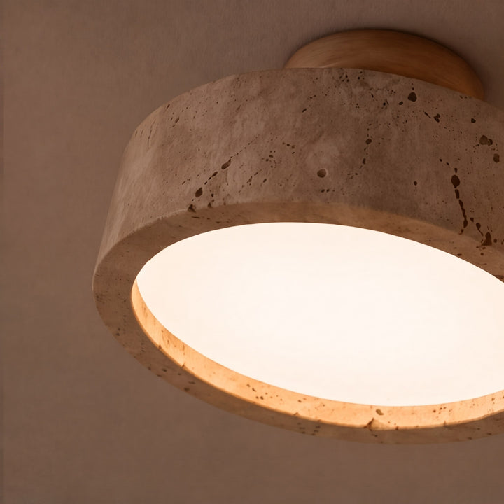 Modern Round Flush Mount Ceiling Light Yellow Travertine LED Dimmable 20cm for Compact Spaces